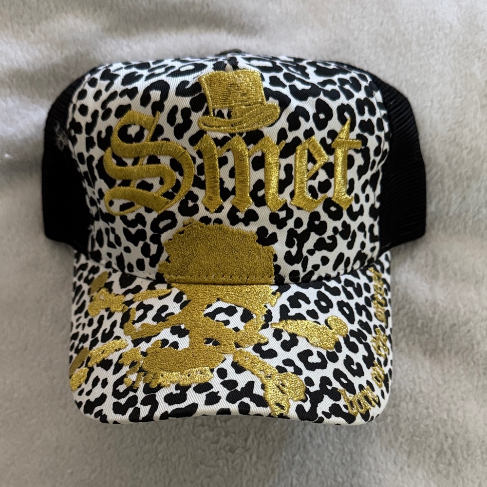 Christian Audigier Black and Gold Leopard Print Hat